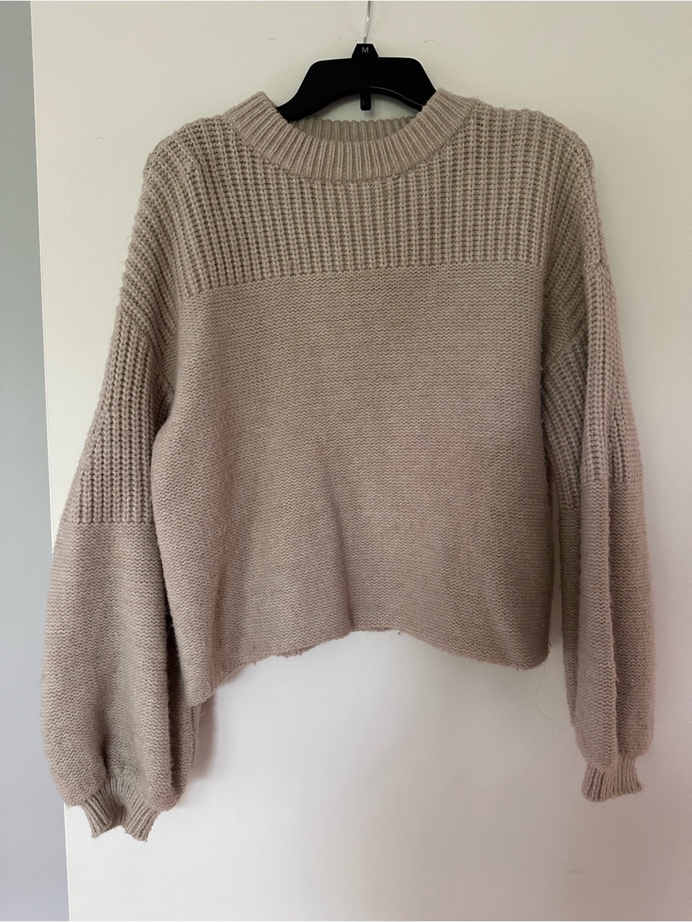 Twenty Neutral Ribbed Yoke Crewneck Sweater in Light Taupe